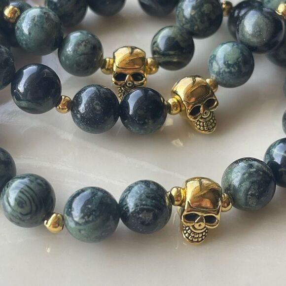 Kambaba skull crystal stone ONE NEW stretch bracelet green black handmade medita - Picture 6 of 9